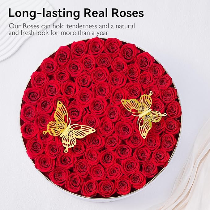 Eterfield 77-Piece Preserved Roses in a Box, Mother's Day Forever Flowers Roses That Last a Year Rose Box Preserved Flowers for Her Mom Women Wife (Red Roses, Round White Suede Box)