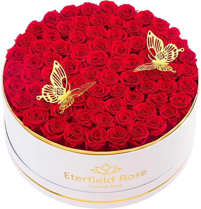 Eterfield 77-Piece Preserved Roses in a Box, Mother's Day Forever Flowers Roses That Last a Year Rose Box Preserved Flowers for Her Mom Women Wife (Red Roses, Round White Suede Box)