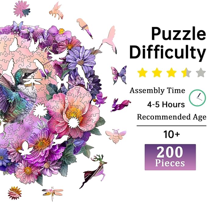 Jigfoxy Wooden Puzzles for Adults, Hummingbird Wood Puzzles Adult, Unique Animal Shape Wooden Jigsaw Puzzles for Adults, Birthday Gifts for Puzzle Lovers, Family, Friend (L-13.3 * 12.8in-280 pcs)