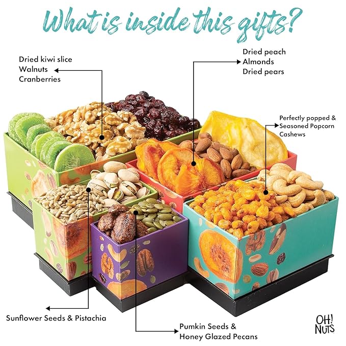 Dried Fruit and Nuts Gift Basket Tower with Black Ribbon Gift Basket, 5 Tier Gourmet Arrangement Platter, Healthy Kosher Snack Box for Birthday, Anniversary