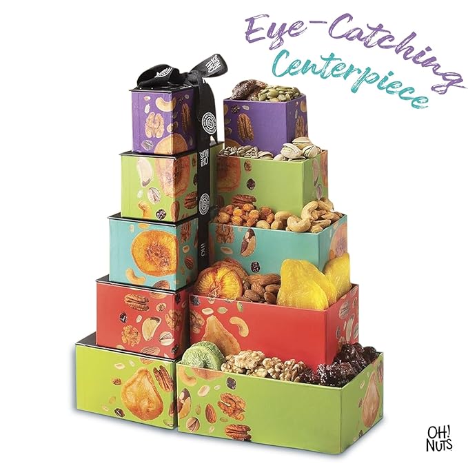 Dried Fruit and Nuts Gift Basket Tower with Black Ribbon Gift Basket, 5 Tier Gourmet Arrangement Platter, Healthy Kosher Snack Box for Birthday, Anniversary