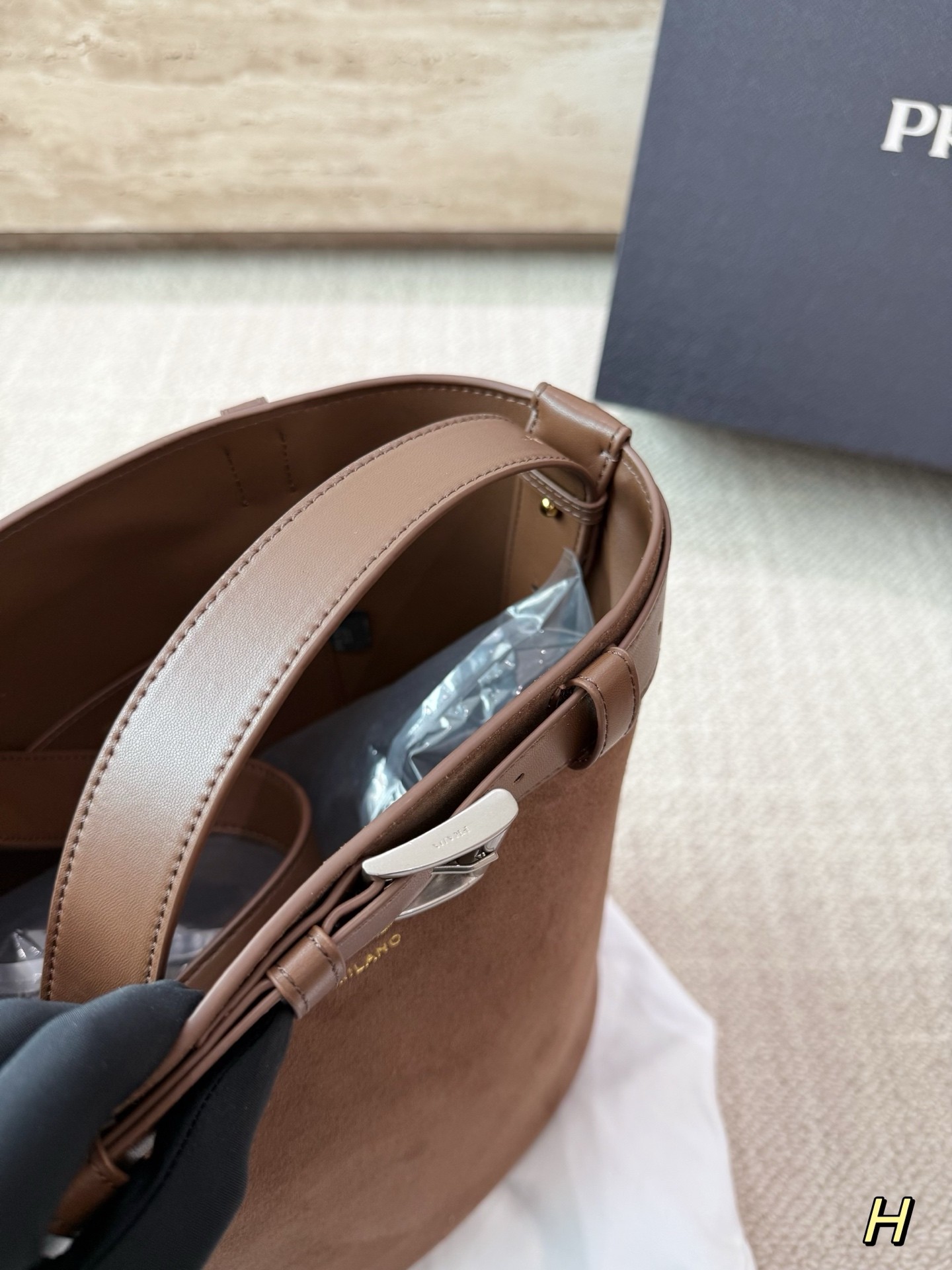 Prada Buckle Suede Bucket Bag