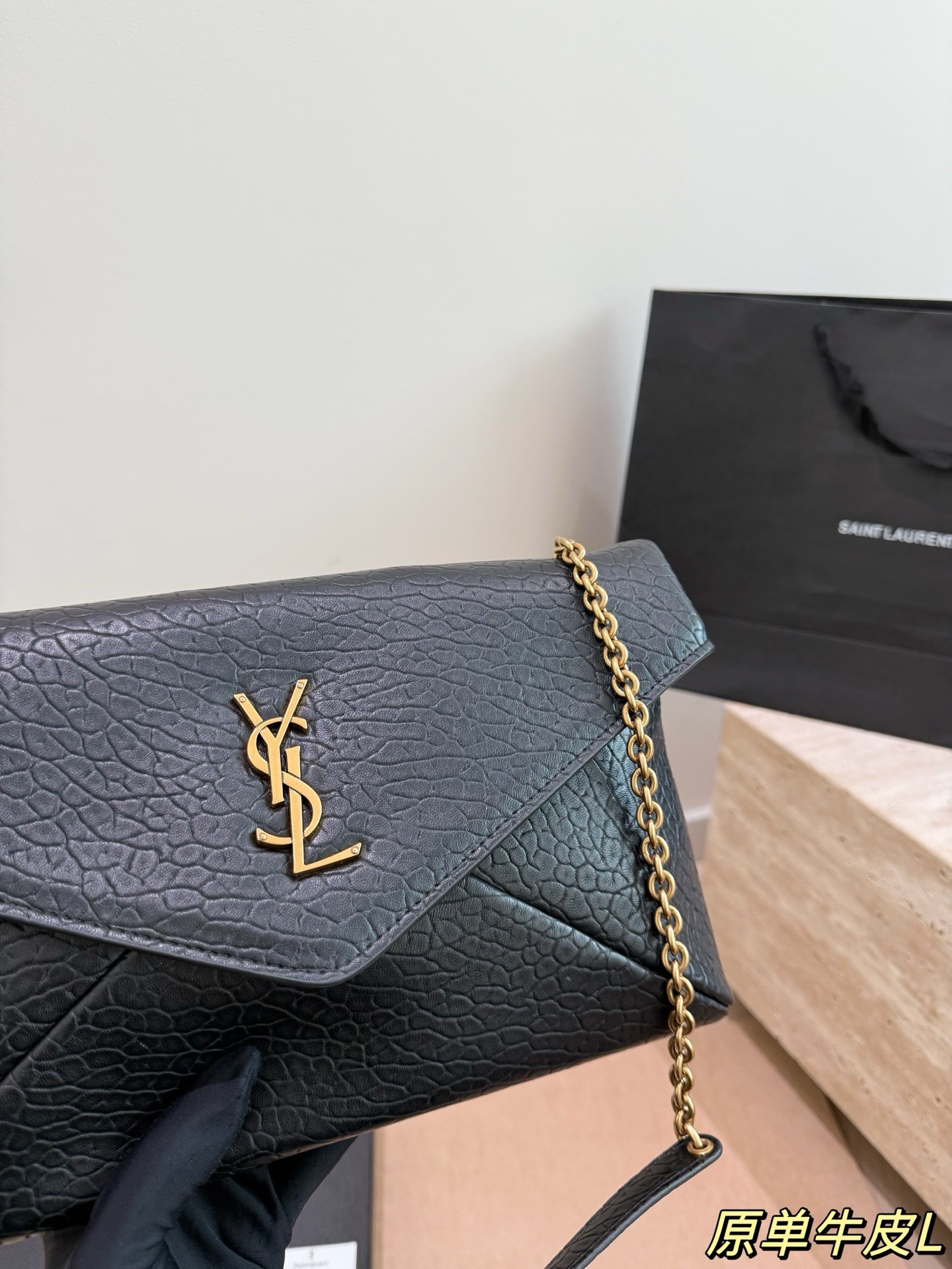 Yves Saint Laurent Cassandre Grained Lambskin Chain Clutch