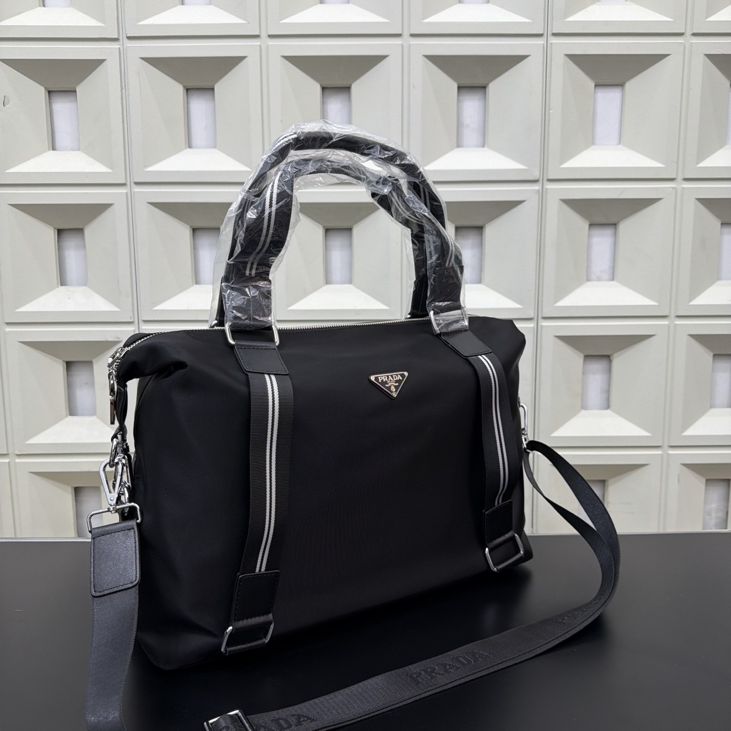 （Prada) Black Nylon Tote Travel Bag