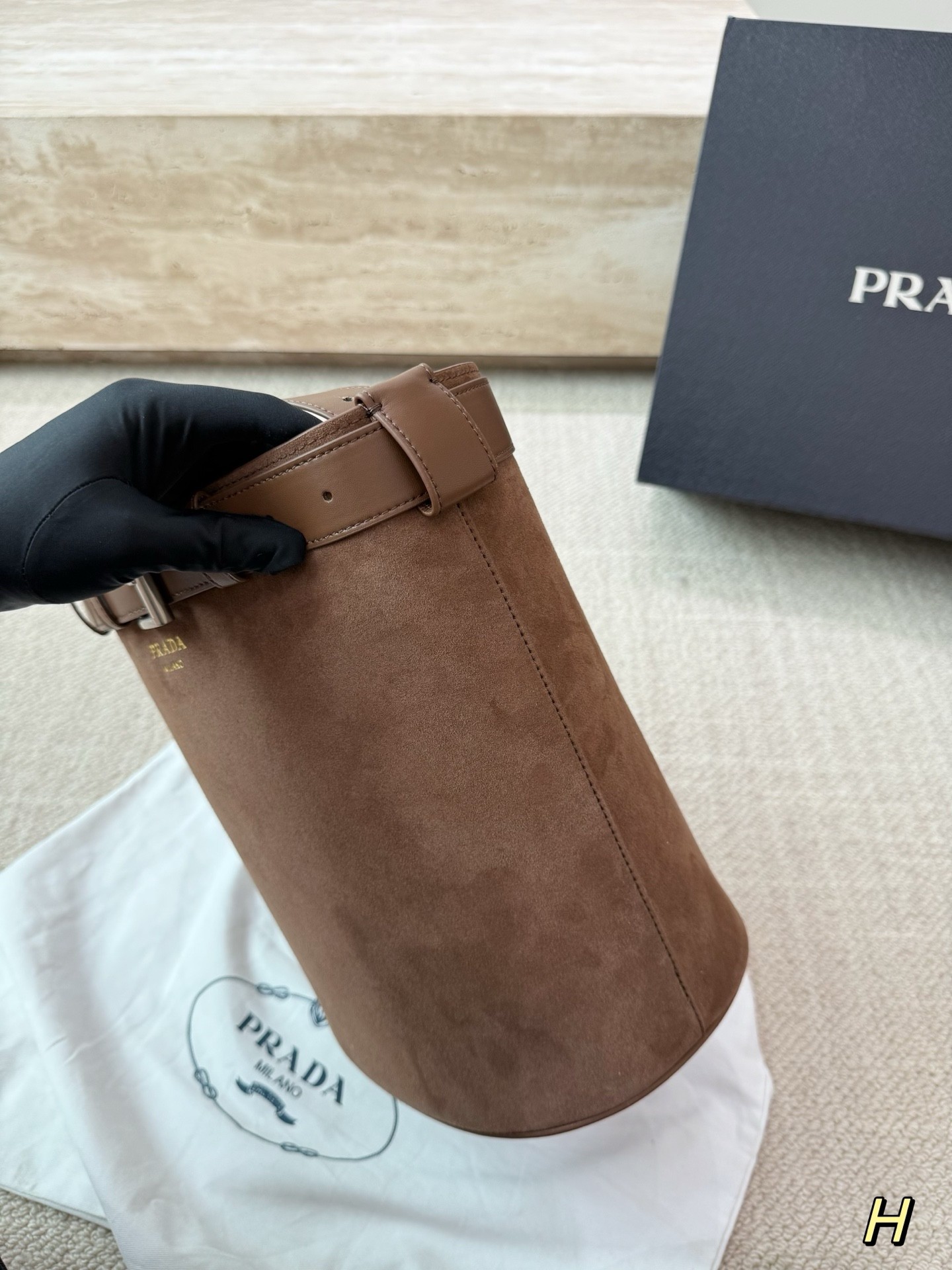 Prada Buckle Suede Bucket Bag