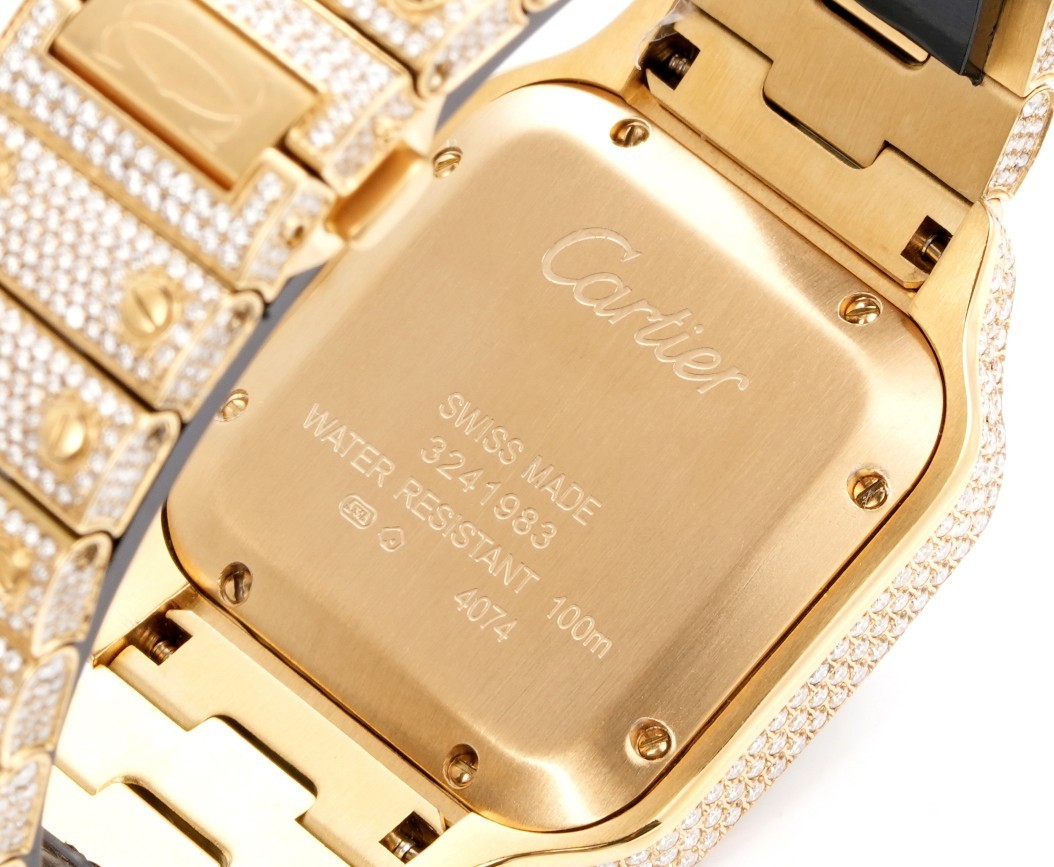 A fully diamond-set (Iced Out) custom edition of the Cartier Santos collection.