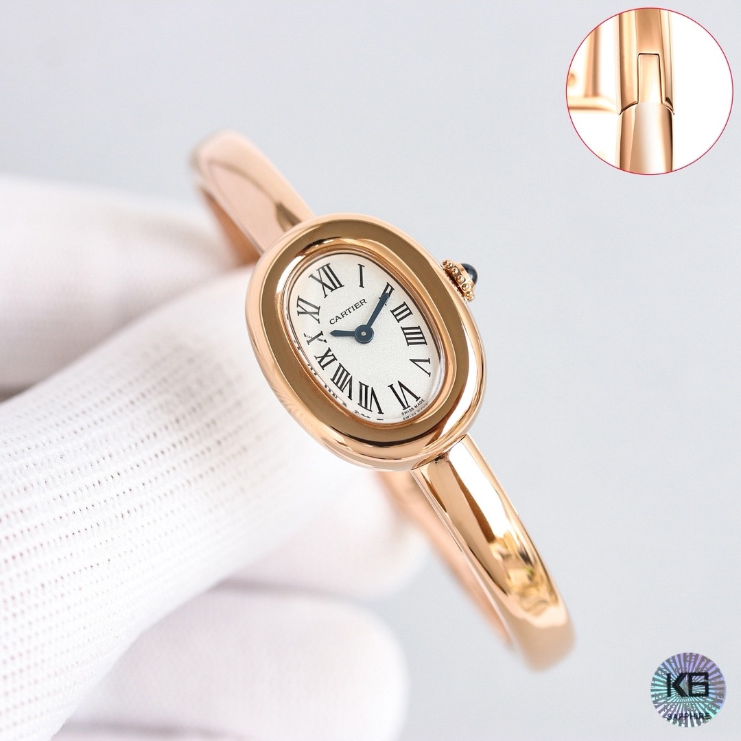 A mini bracelet watch from Cartier’s Baignoire collection.