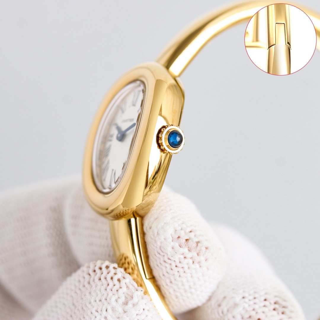 A mini bracelet watch from Cartier’s Baignoire collection.