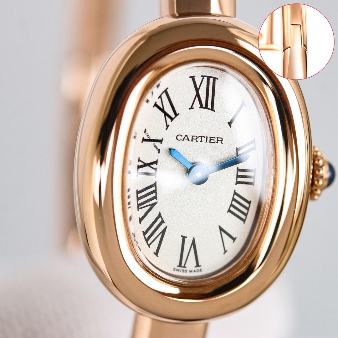 A mini bracelet watch from Cartier’s Baignoire collection.