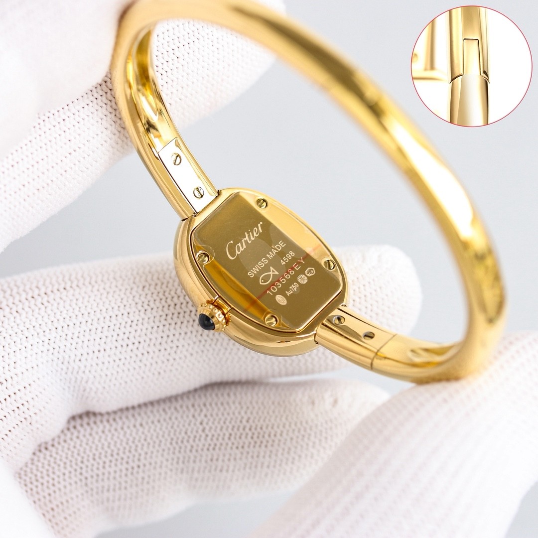 A mini bracelet watch from Cartier’s Baignoire collection.